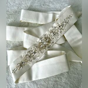 Cream and Silver Embellished Satin Wedding Sash Belt